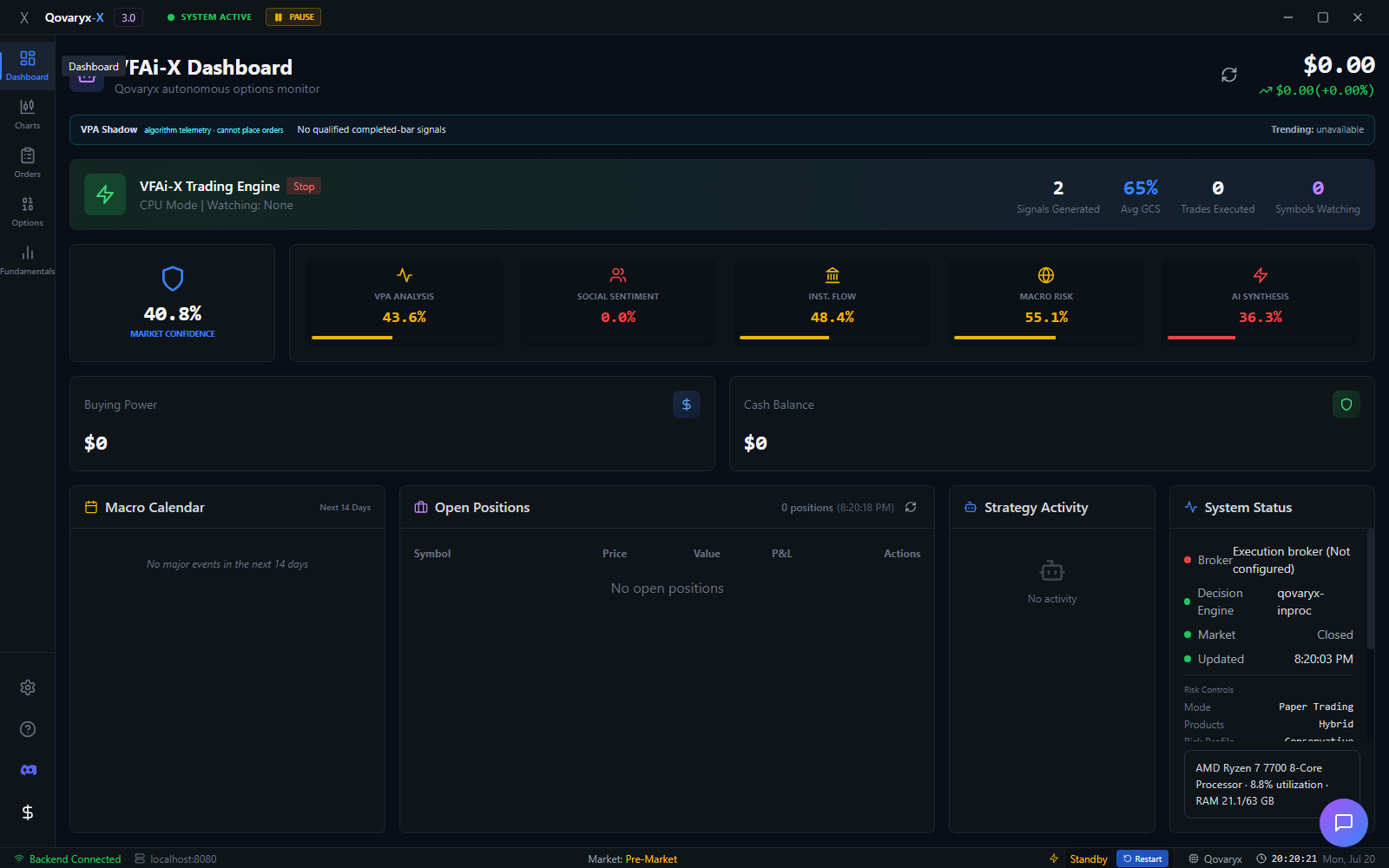 Qovaryx 3.0 dashboard with account, broker, CPU, engine, session, and portfolio status