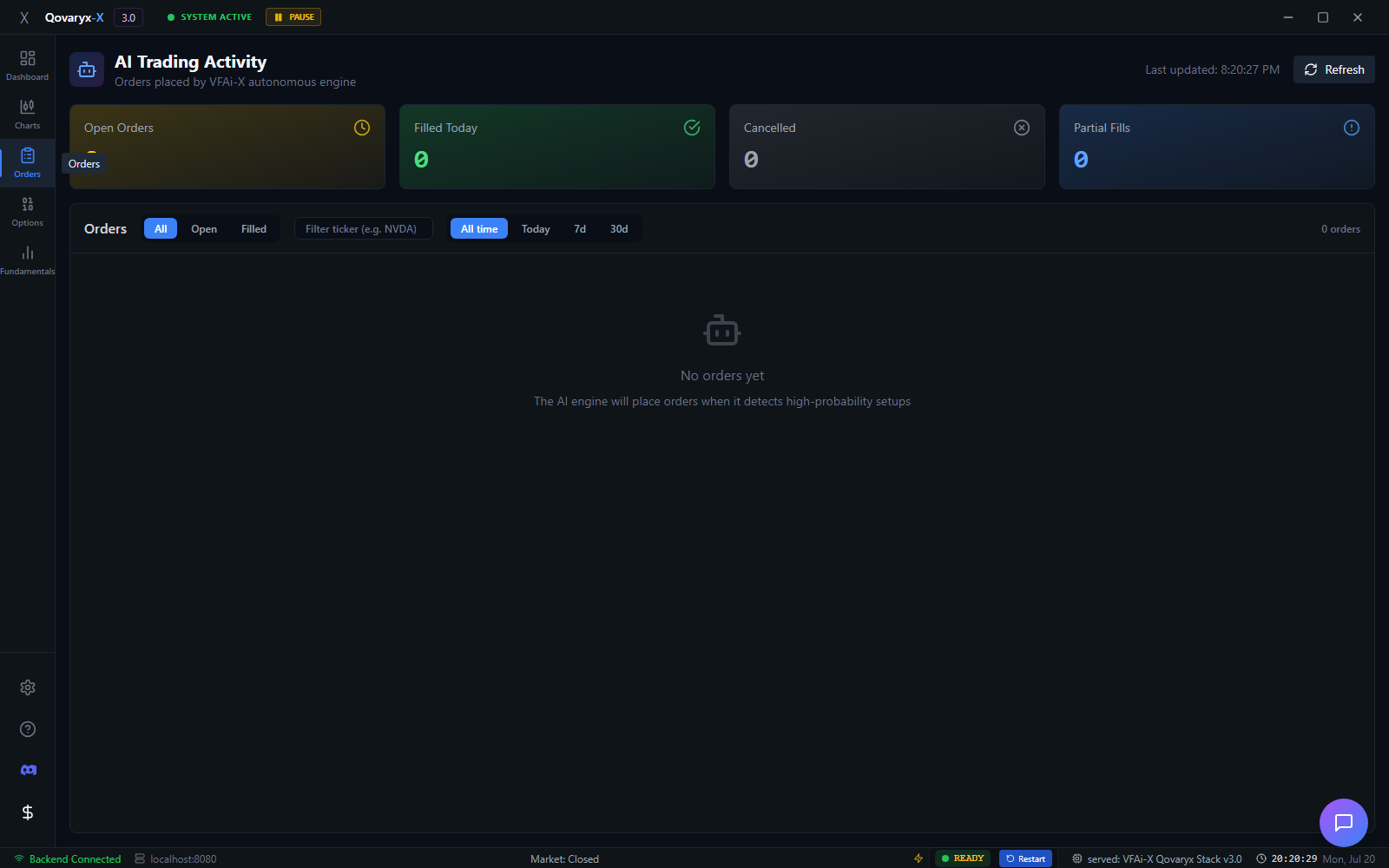 Qovaryx 3.0 orders and execution history