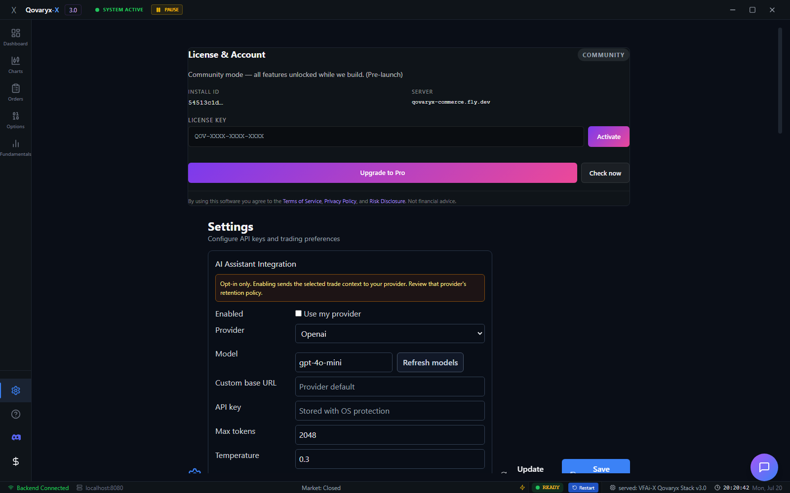 Qovaryx 3.0 broker, risk profile, and application settings